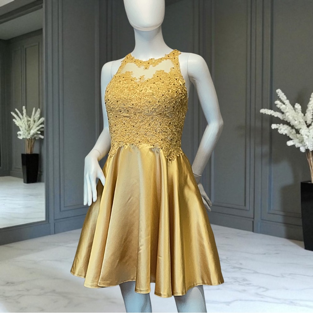 Lavetir Satin Lace-Applique Halter Gold Size 6 Party Dress with Pockets